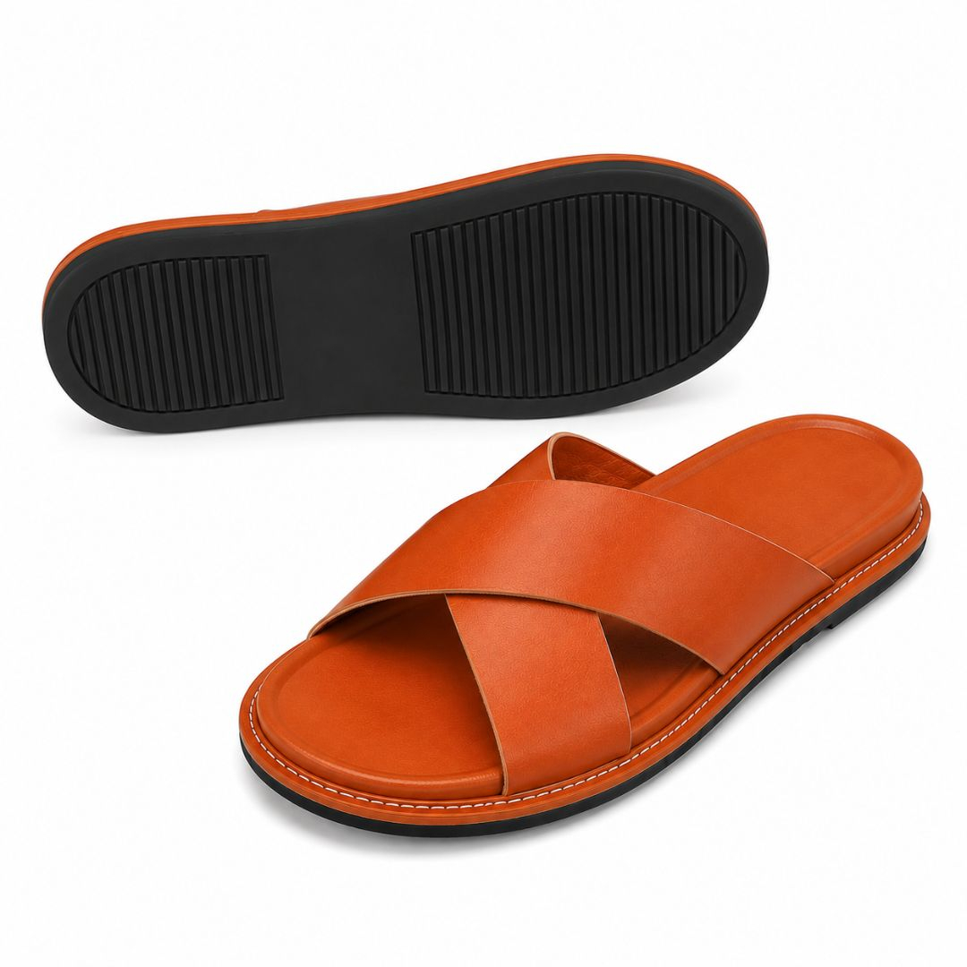 Mens Premium Cross Strap Leather Slide Sandals