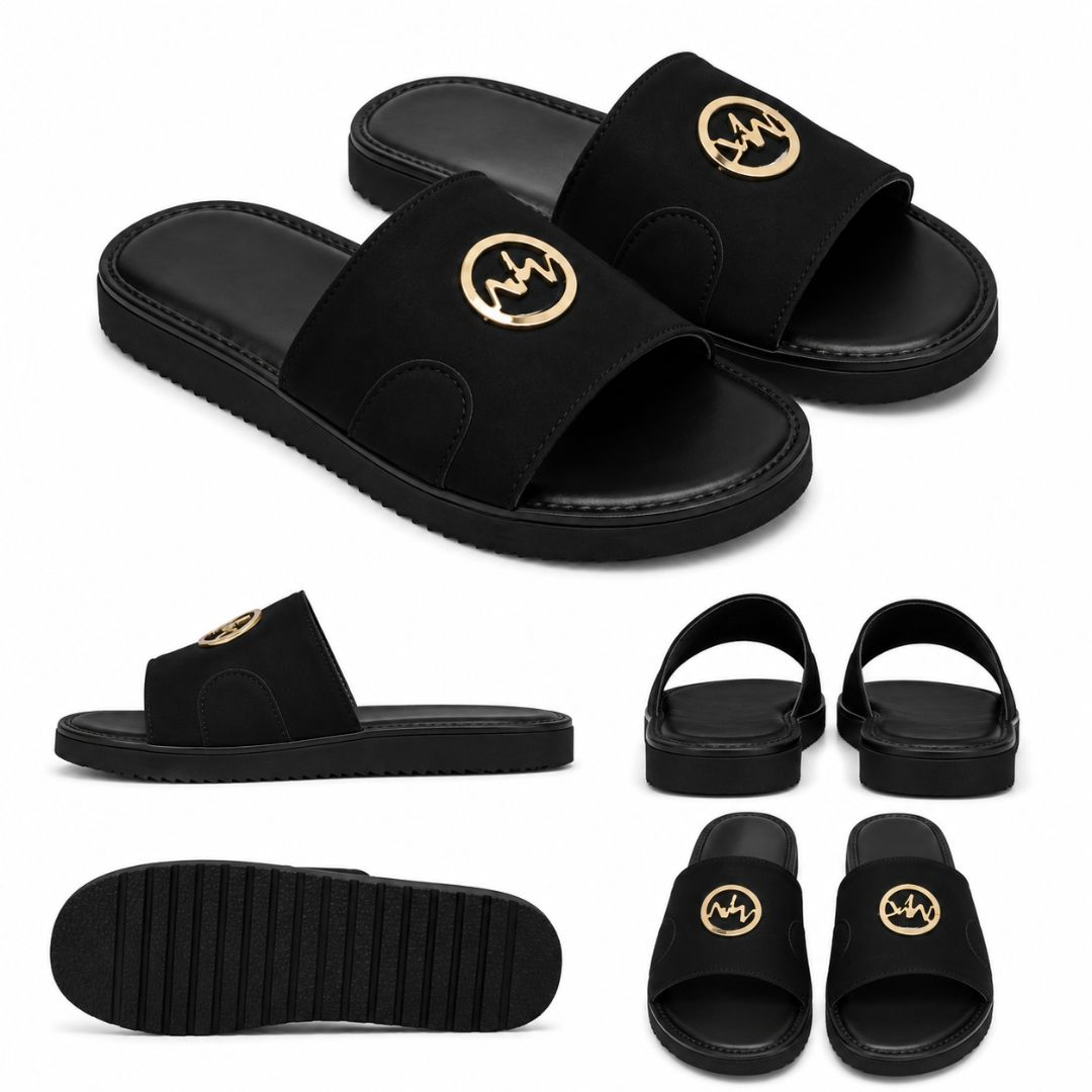 Mens Black SlipOn Slide Sandals with Gold Metal Emblem