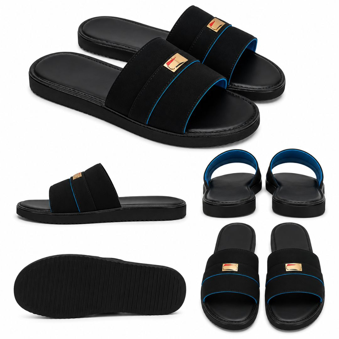 Mens Black Casual Slide Sandals with Contrast Blue Trim
