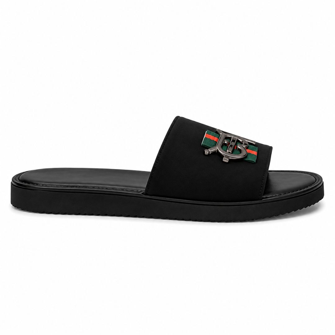 Mens Black Casual SlipOn Slide Sandals with Decorative Metal Accent
