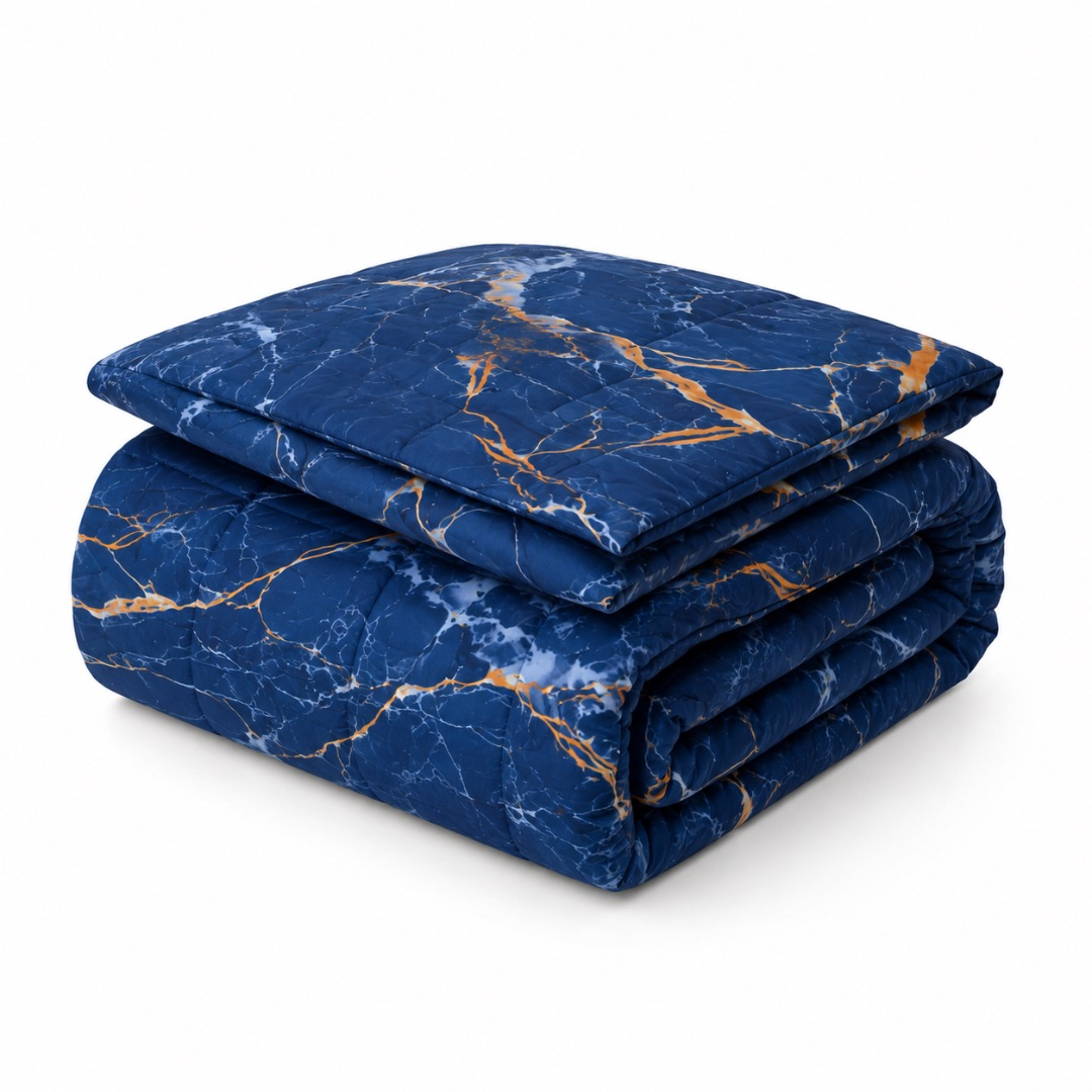 Premium 7 by 6 Marble Print Quilted Duvet Set       Navy Blue and Gold