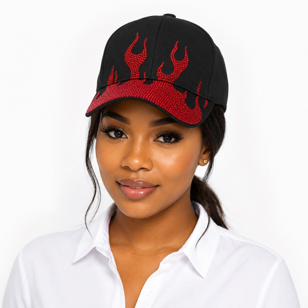 Premium Rhinestone Flame Baseball Cap    Black and Red