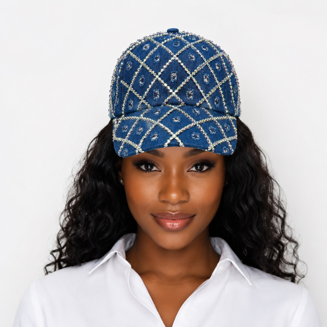 Premium Rhinestone Denim Baseball Cap     Diamond Pattern
