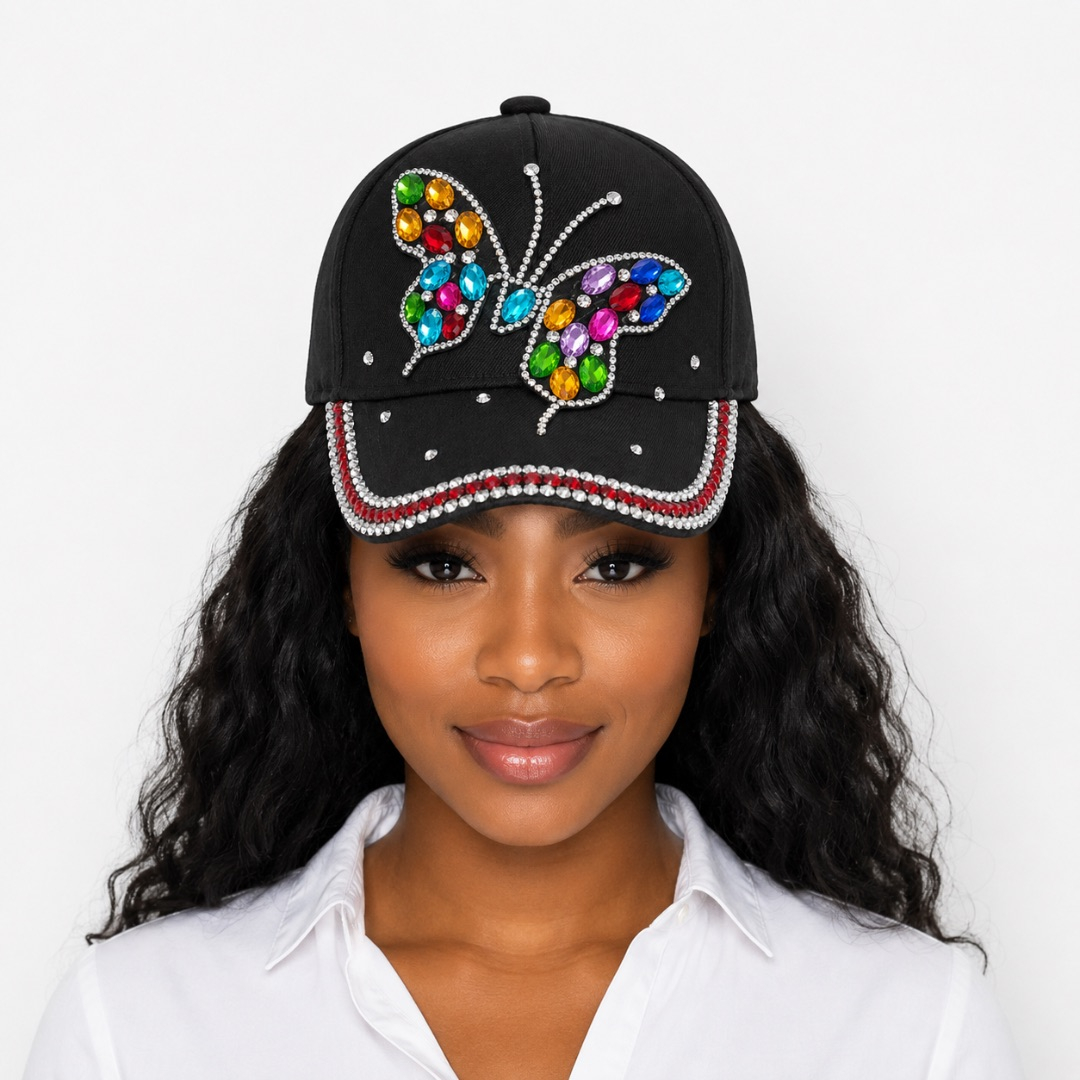 Premium Rhinestone Butterfly Baseball Cap     Black Multicolor