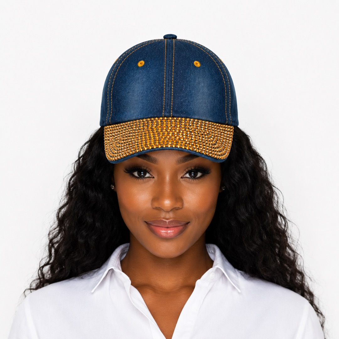 Premium Rhinestone  Denim Baseball Cap     Amber Crystal Brim