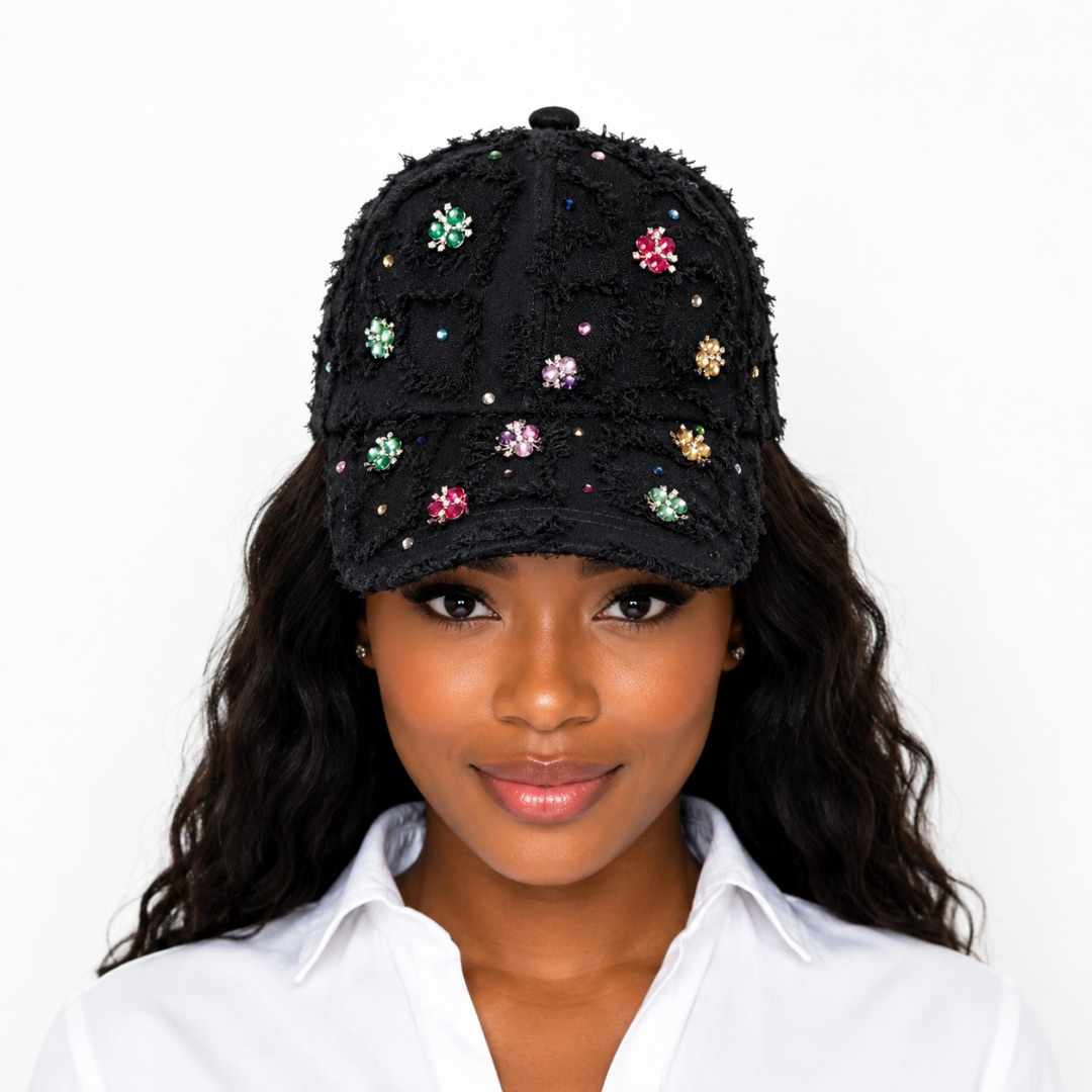 Premium Distressed Rhinestone Baseball Cap     Black Floral Crystal