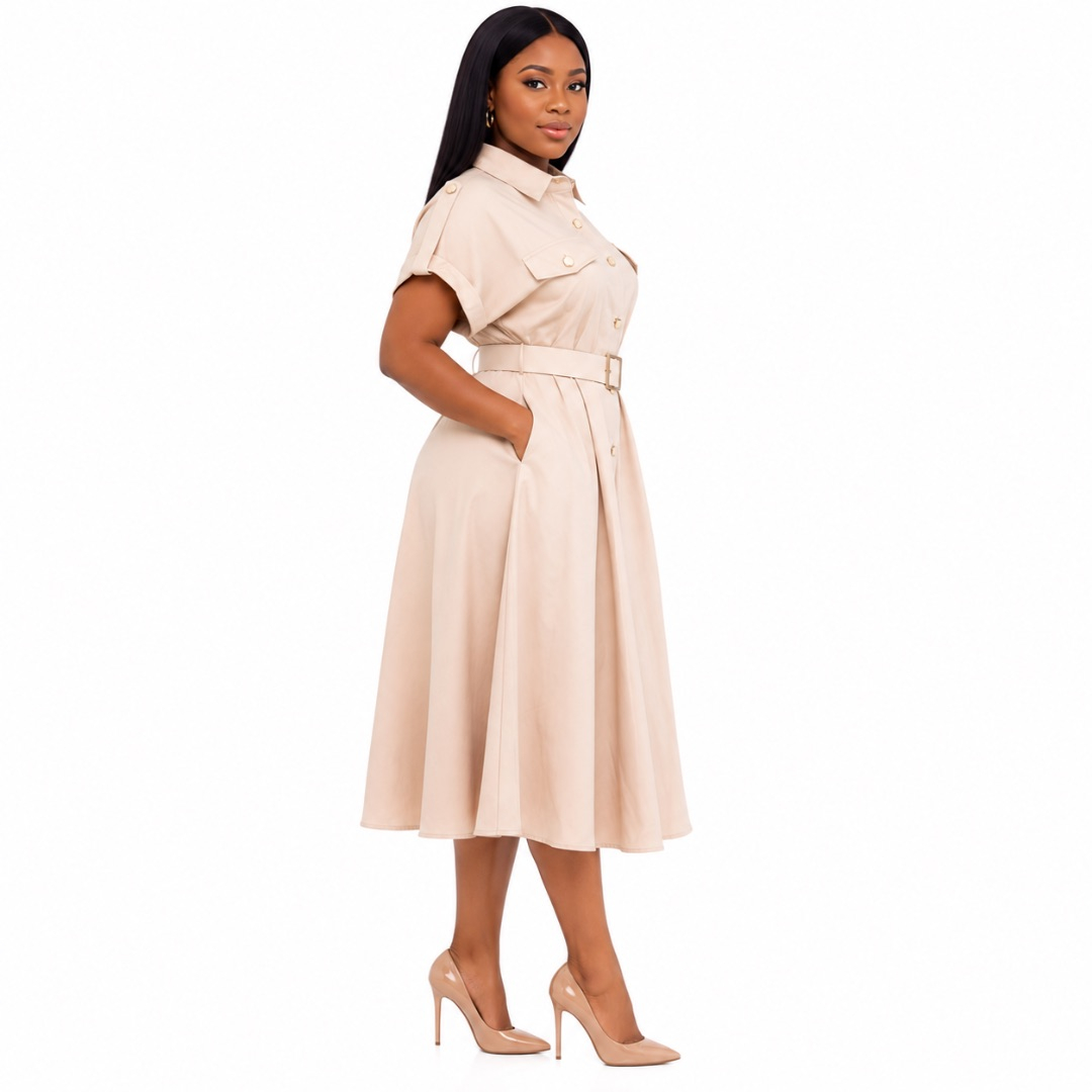 Premium Womens  Beige Belted Shirt Midi Dress
