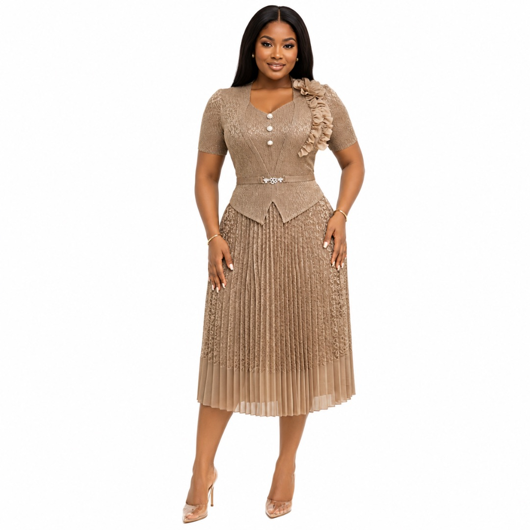 Premium Womens  Pleated Lace Midi Dress with Floral Shoulder Detail