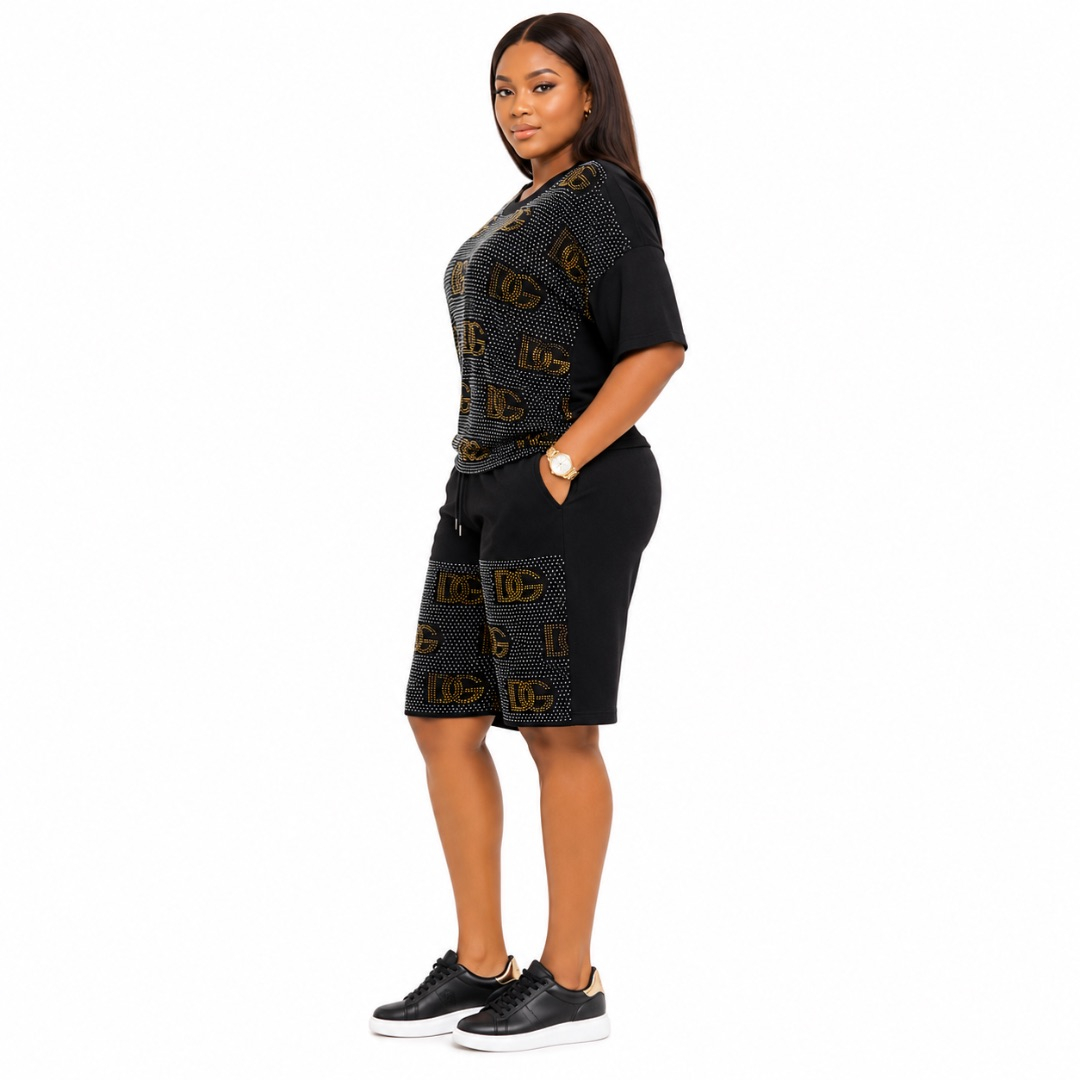 Premium Womens Black Printed Two Piece Shorts Set