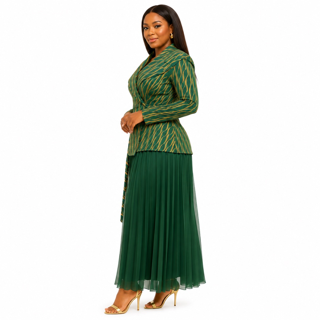 Premium Womens Green Wrap Style Pleated Maxi Dress