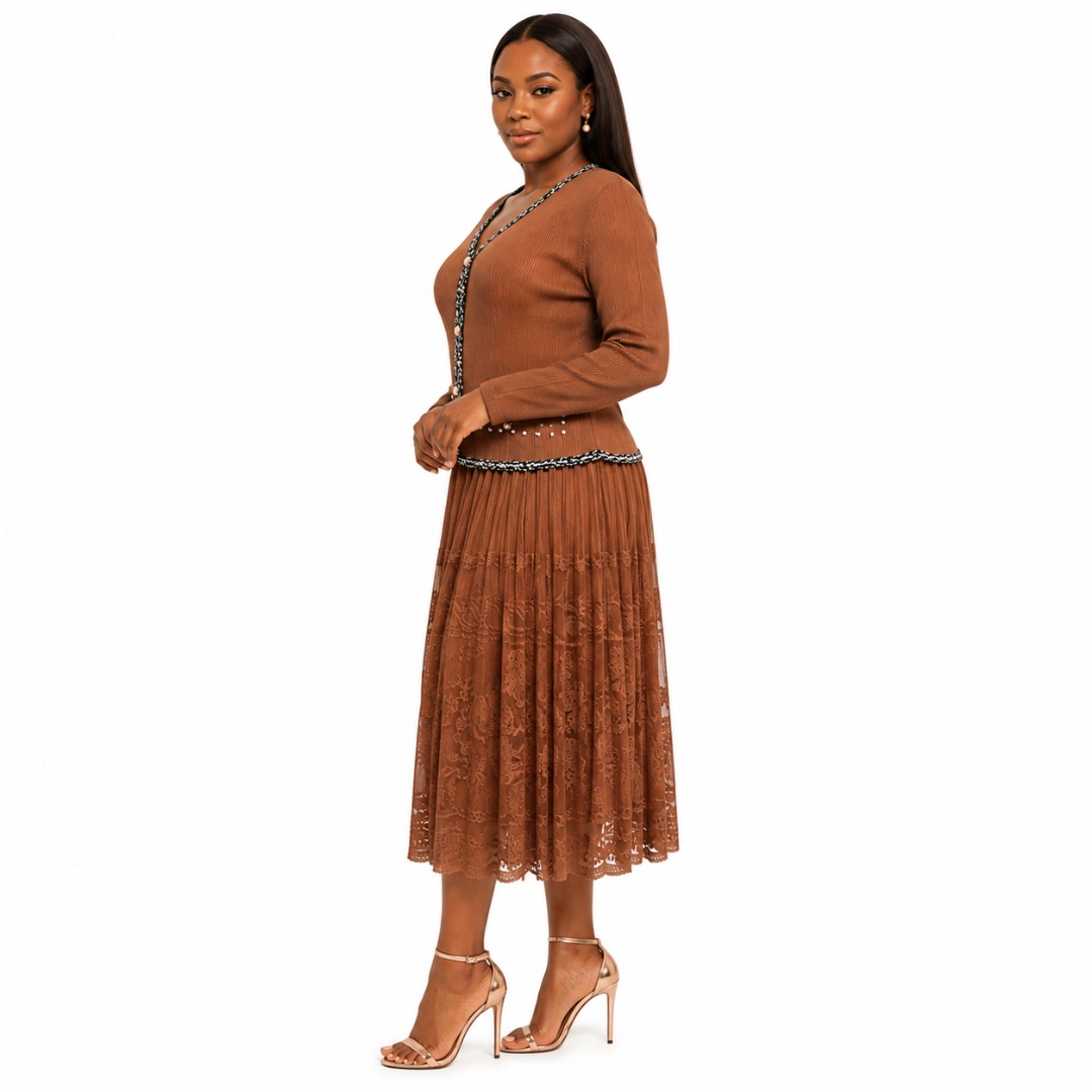 Premium Womens Brown Lace Pleated Midi Dress with Knit Jacket