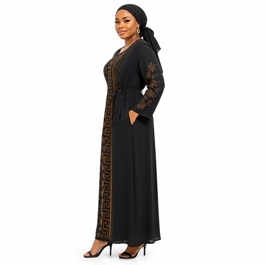 Premium Womens Black Embroidered Maxi Dress with Matching Scarf
