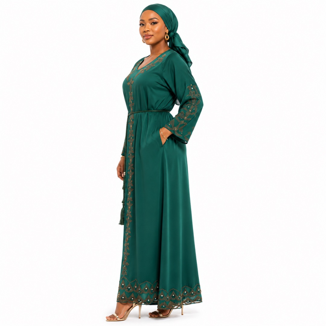 Premium Womens Emerald Green Embroidered Maxi Kaftan Dress with Matching Headscarf
