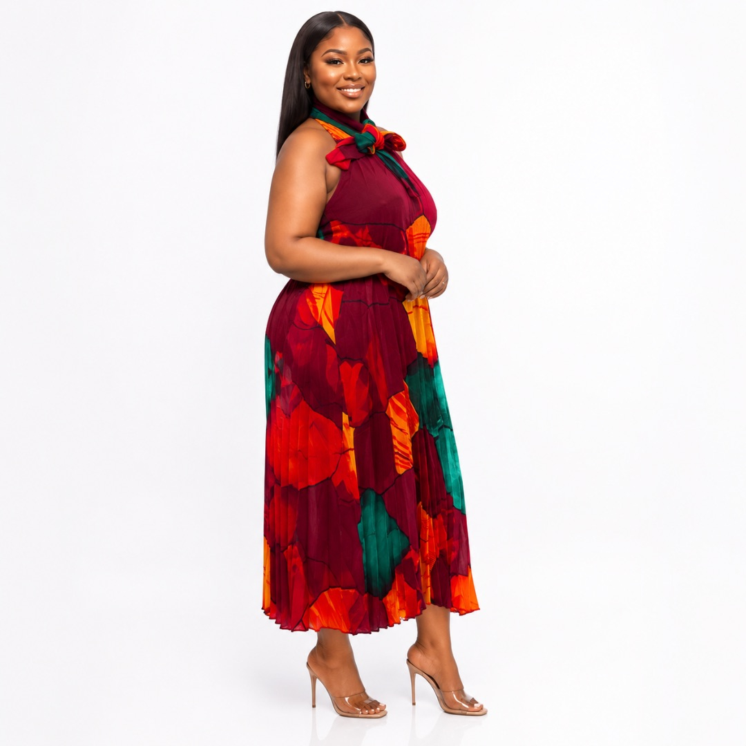 Womens Multicolor Pleated Halter Neck Midi Dress