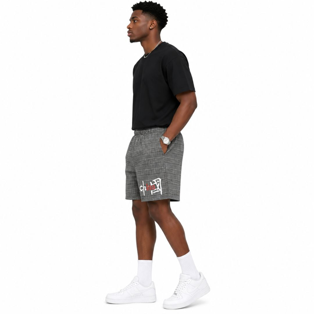 Unisex Grey Plaid Casual Drawstring Shorts