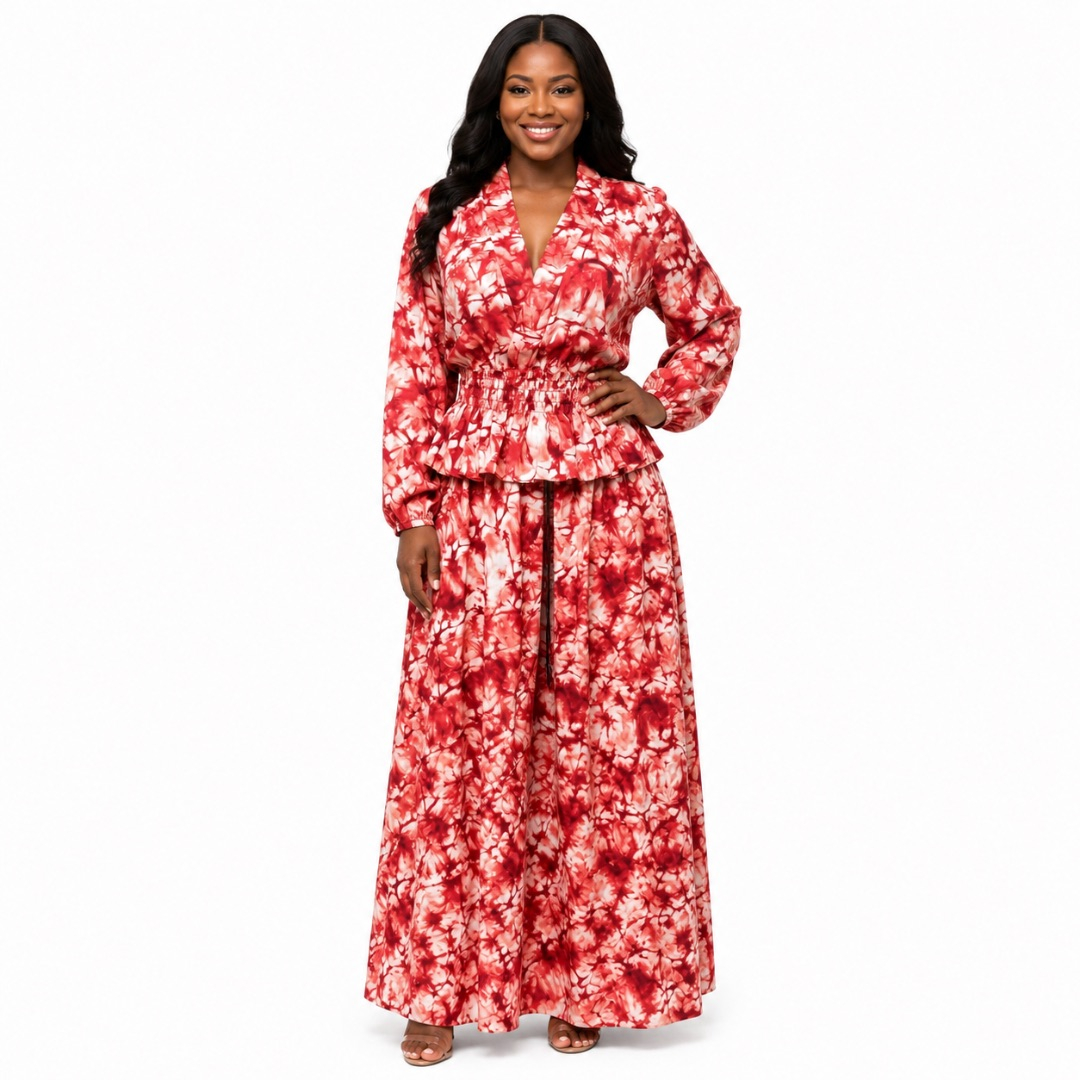 Womens Red Tie Dye Two Piece Peplum Top and Maxi Skirt Set