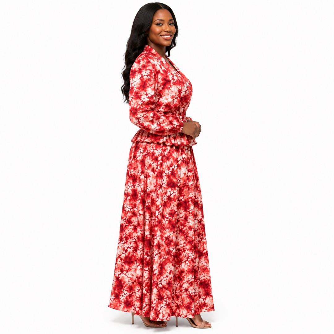 Womens Red Tie Dye Two Piece Peplum Top and Maxi Skirt Set