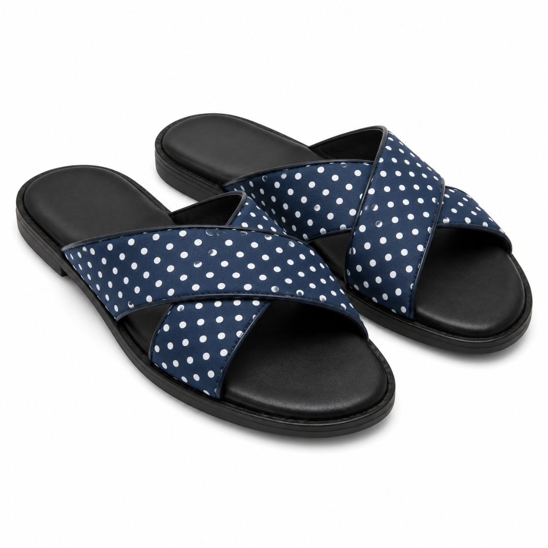 Mens Navy Blue Polka Dot Cross Strap Slide Sandals