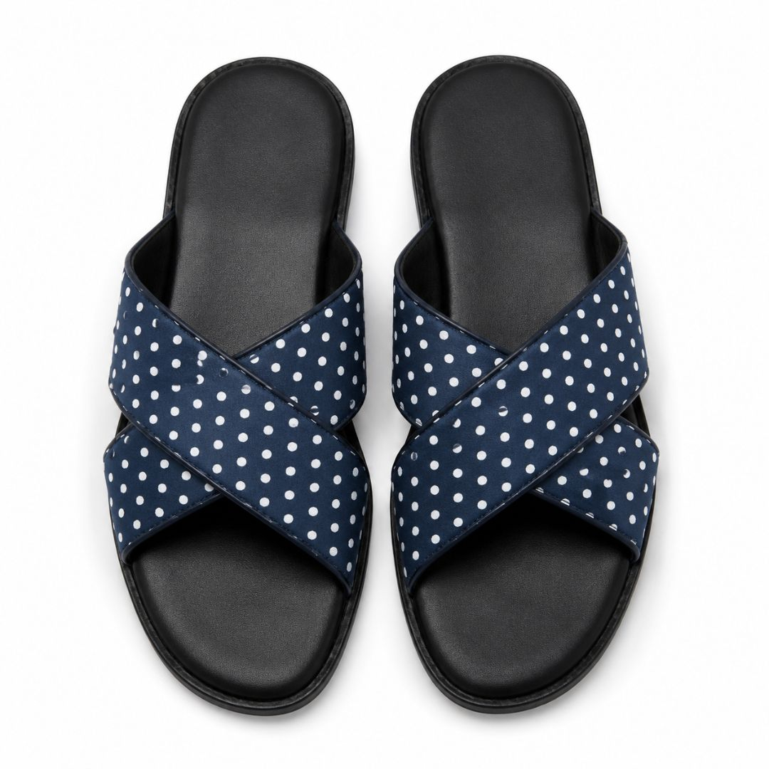 Mens Navy Blue Polka Dot Cross Strap Slide Sandals