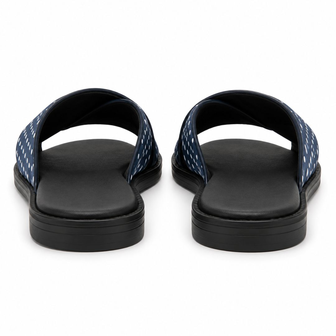 Mens Navy Blue Polka Dot Cross Strap Slide Sandals