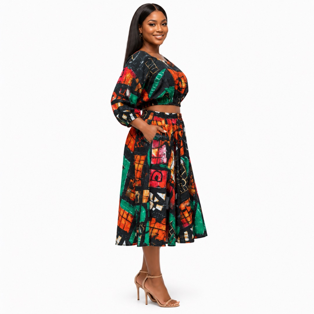 Womens Abstract Print Two Piece Crop Top and Midi Skirt Set