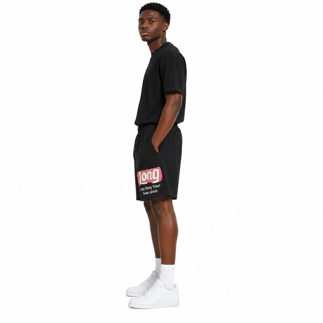 Unisex Black Graphic Casual Drawstring Shorts