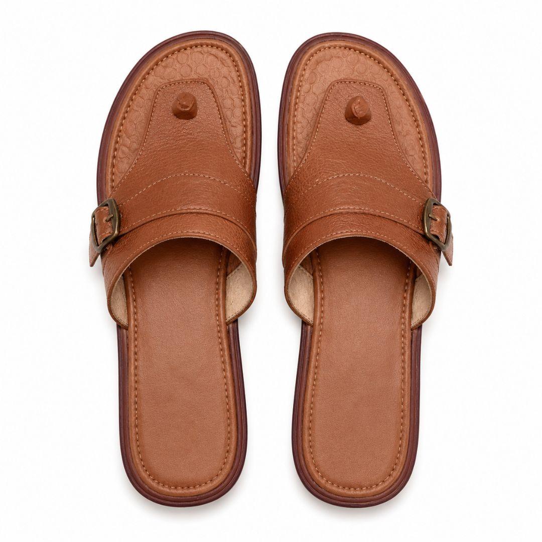 Mens Brown Adjustable Buckle Toe Ring Slide Sandals