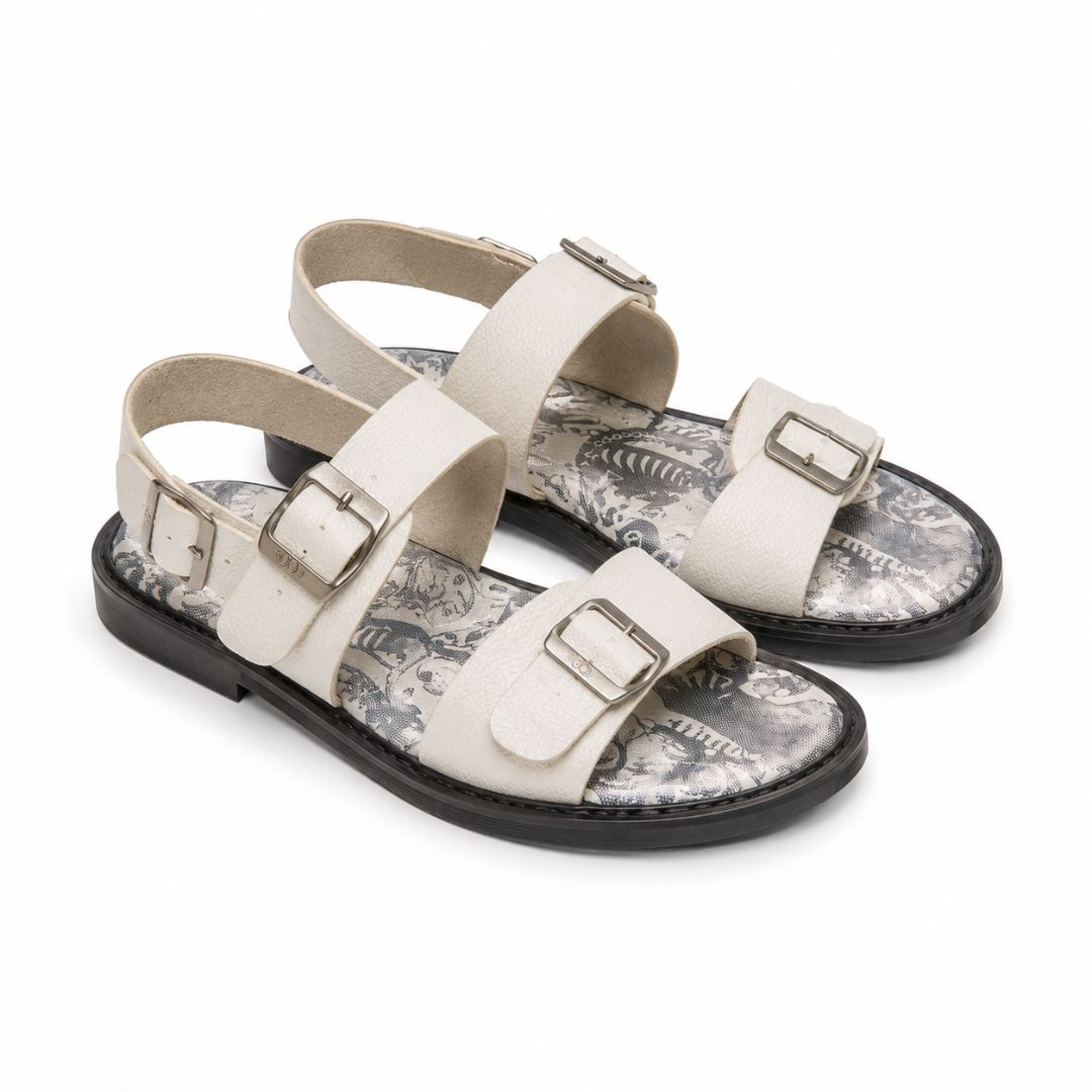 Womens White Double Buckle Slingback Comfort Sandals