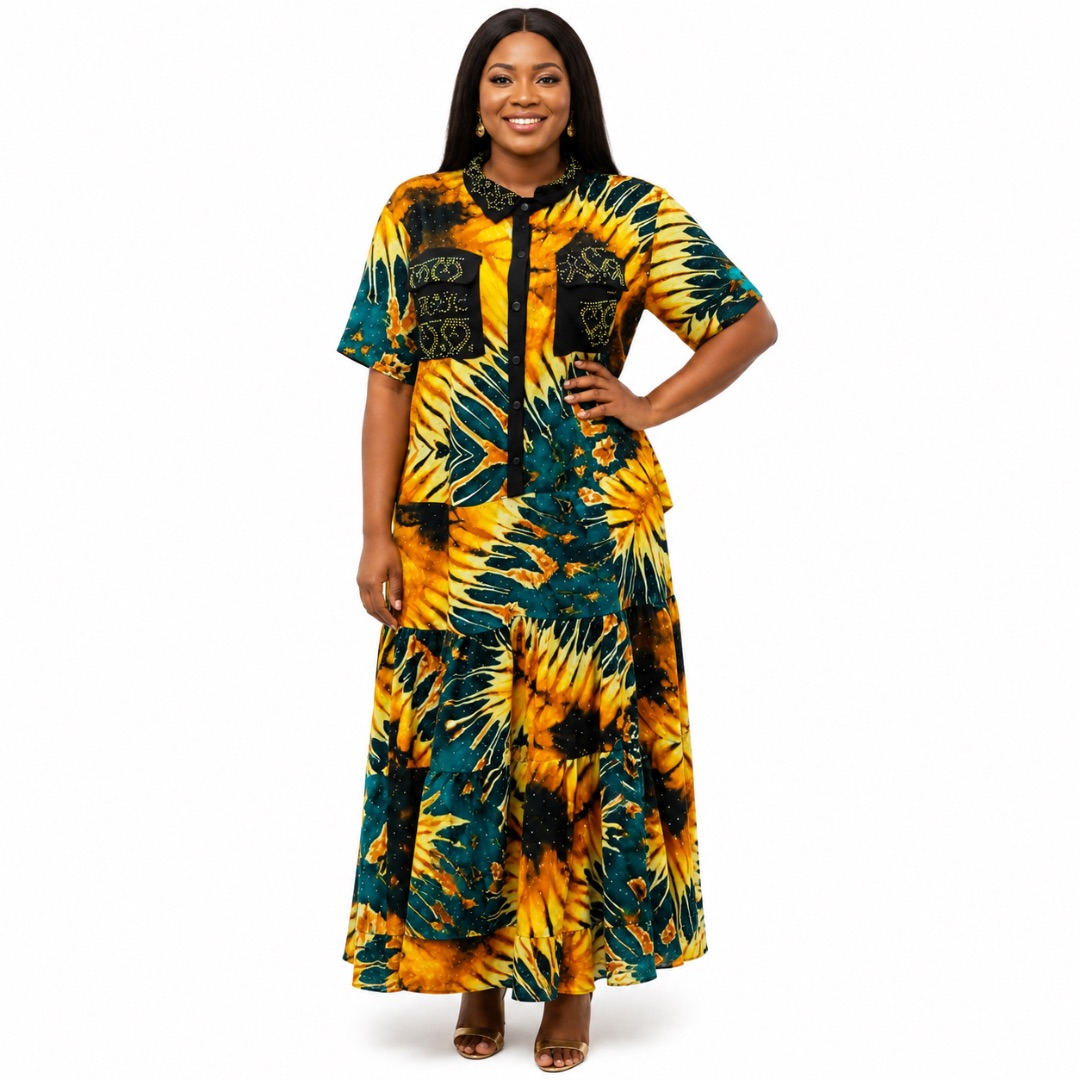 Womens Tie Dye Print Button Front Tiered Maxi Dress