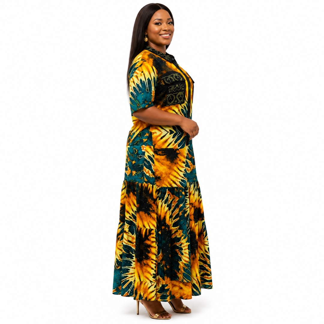 Womens Tie Dye Print Button Front Tiered Maxi Dress