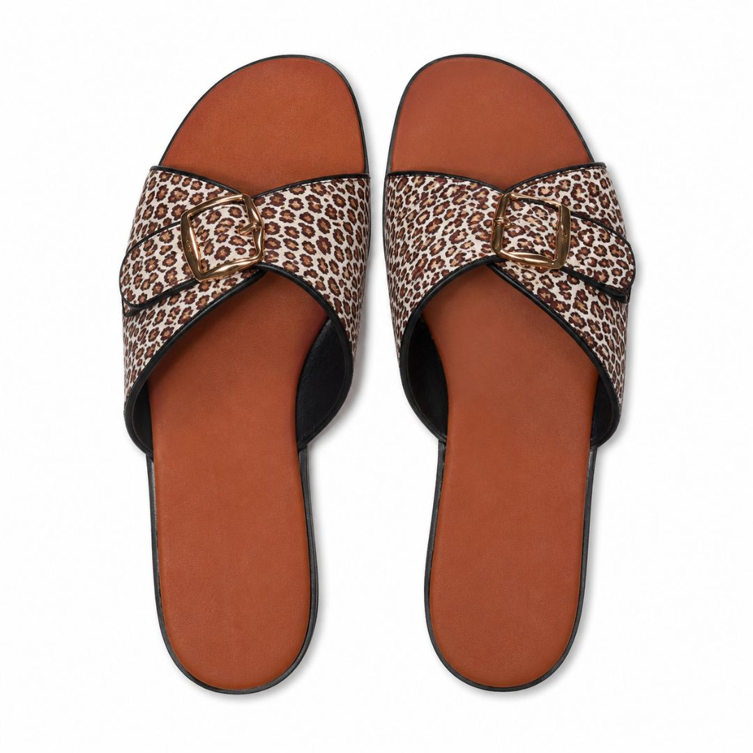 Womens Leopard Print Buckle Flat Slide Sandals
