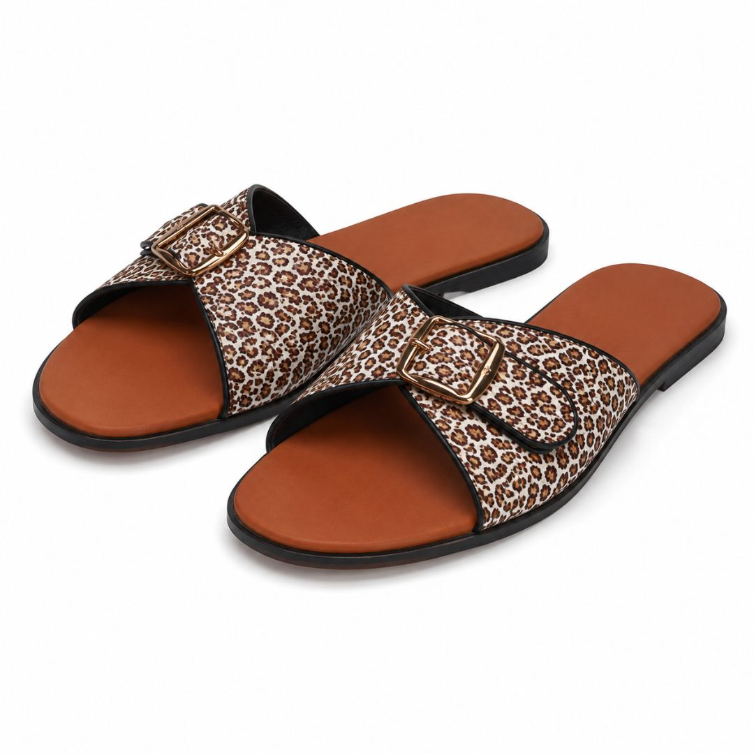 Womens Leopard Print Buckle Flat Slide Sandals