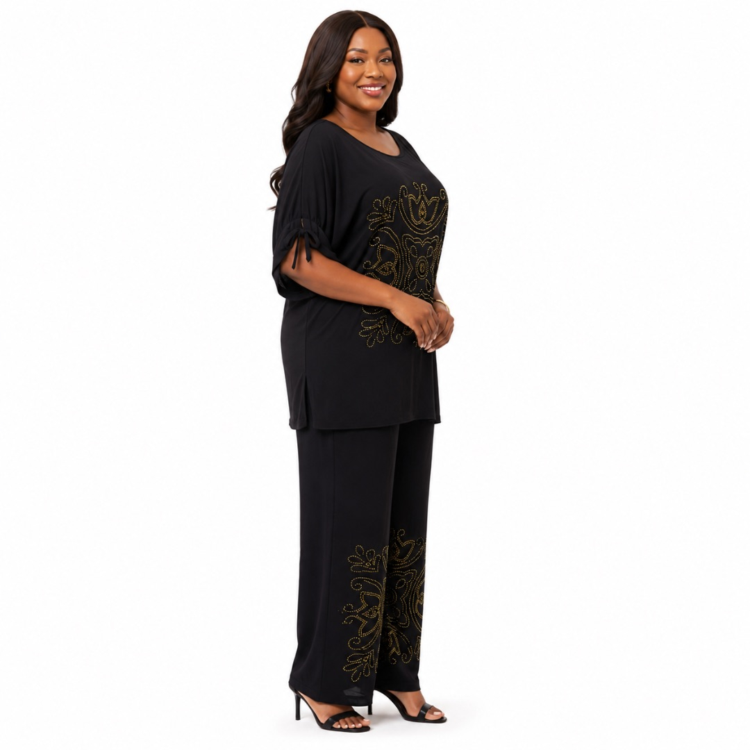 Womens Embellished Short Sleeve Tunic Top and Straight Leg Trouser Two Piece Set