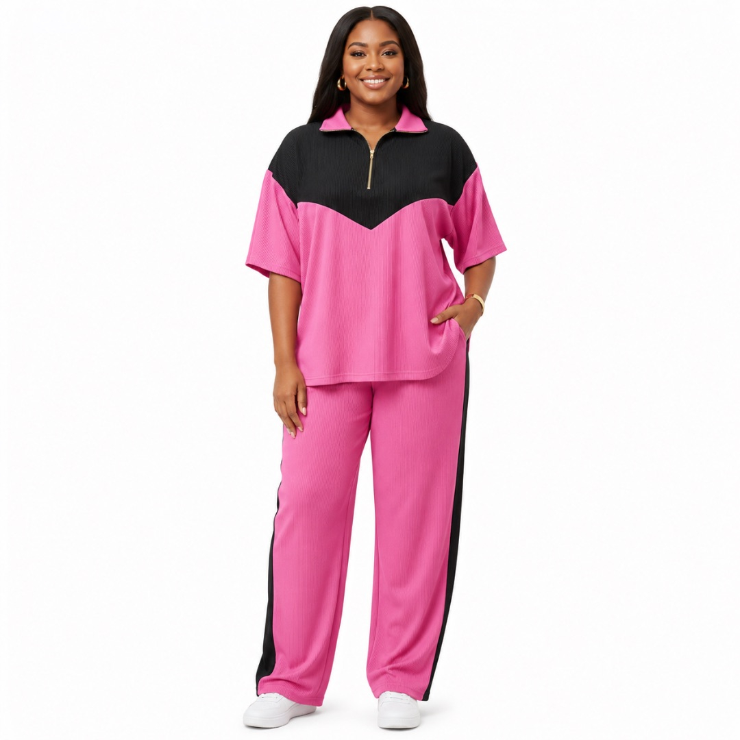 Womens Color Block Half Zip Lounge Top and Wide Leg Trouser Two Piece Set