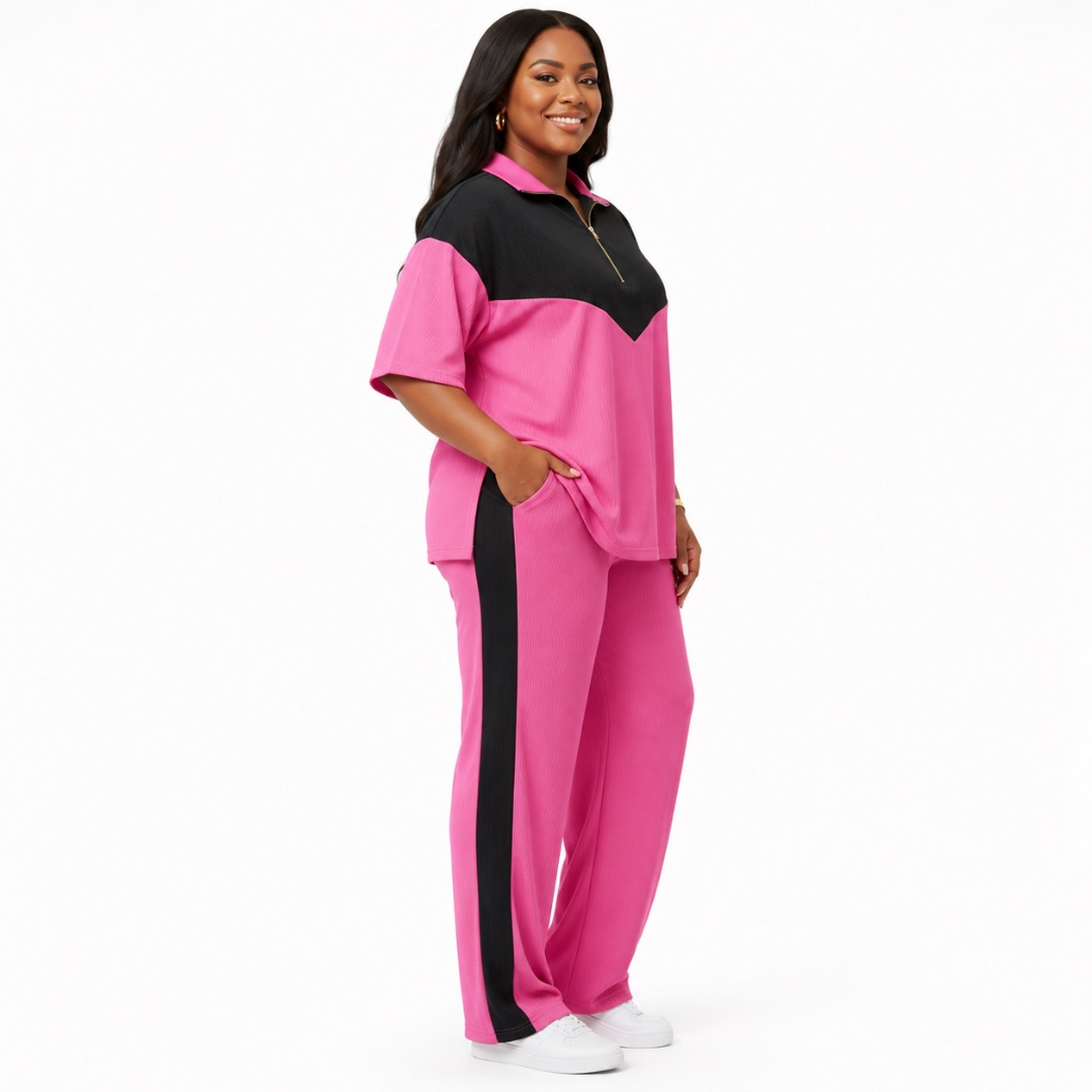 Womens Color Block Half Zip Lounge Top and Wide Leg Trouser Two Piece Set