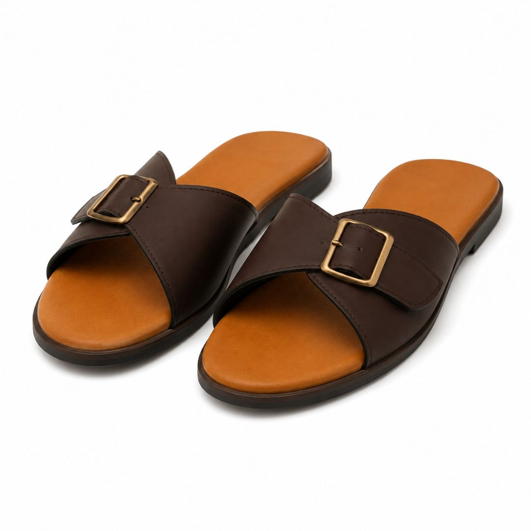 Womens Brown Cross Strap Buckle Flat Slide Sandals