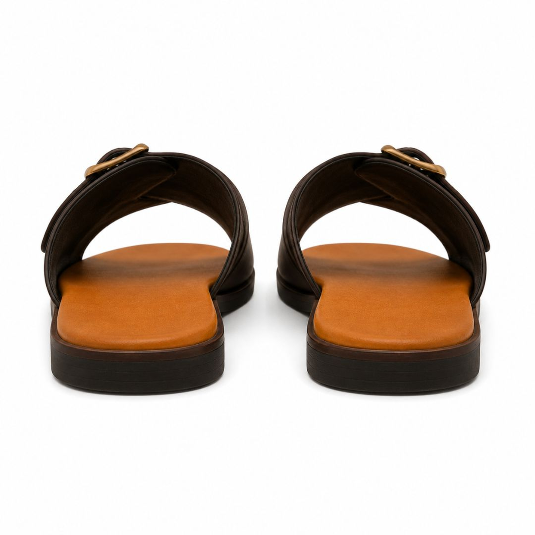 Womens Brown Cross Strap Buckle Flat Slide Sandals