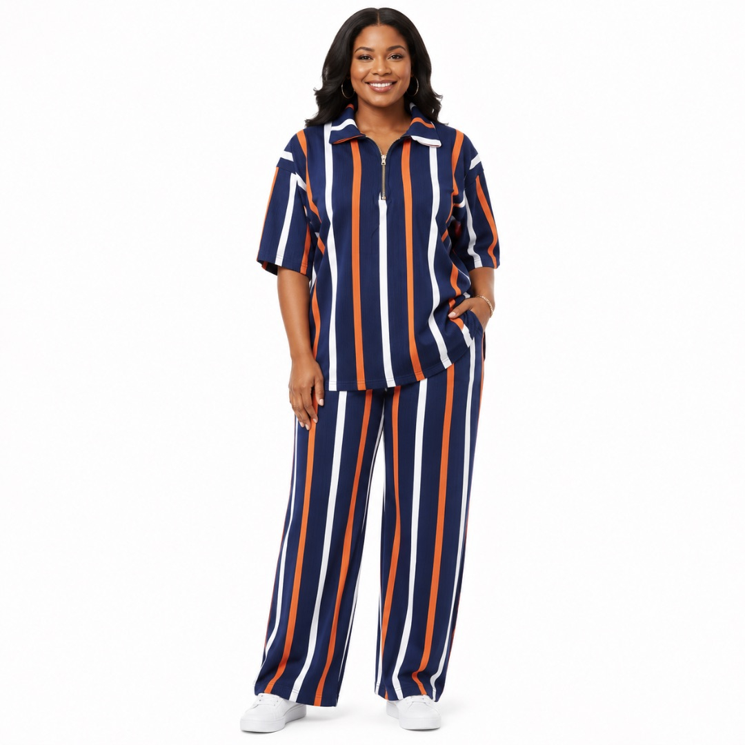 Womens Vertical Stripe Half Zip Lounge Top and Wide Leg Trouser Two Piece Set