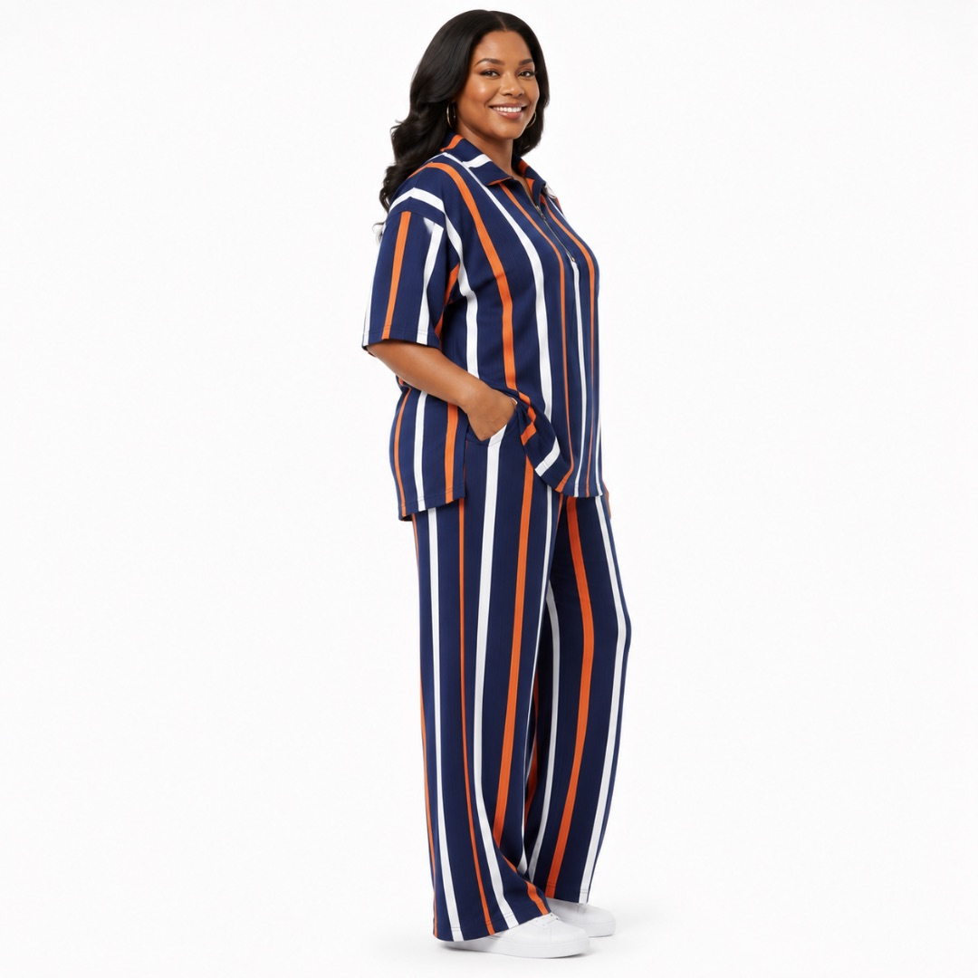 Womens Vertical Stripe Half Zip Lounge Top and Wide Leg Trouser Two Piece Set