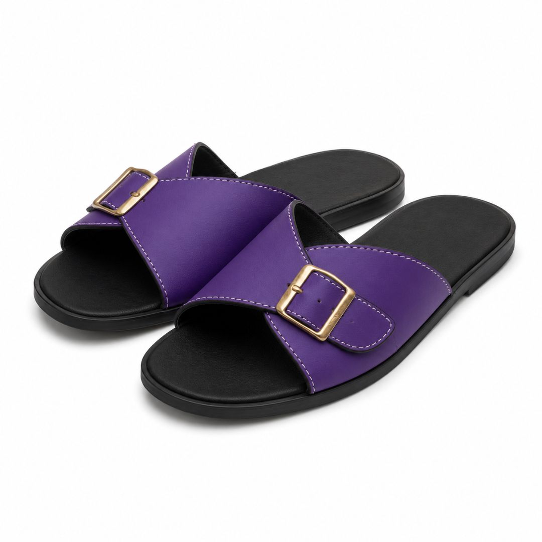 Womens Purple Cross Strap Buckle Flat Slide Sandals