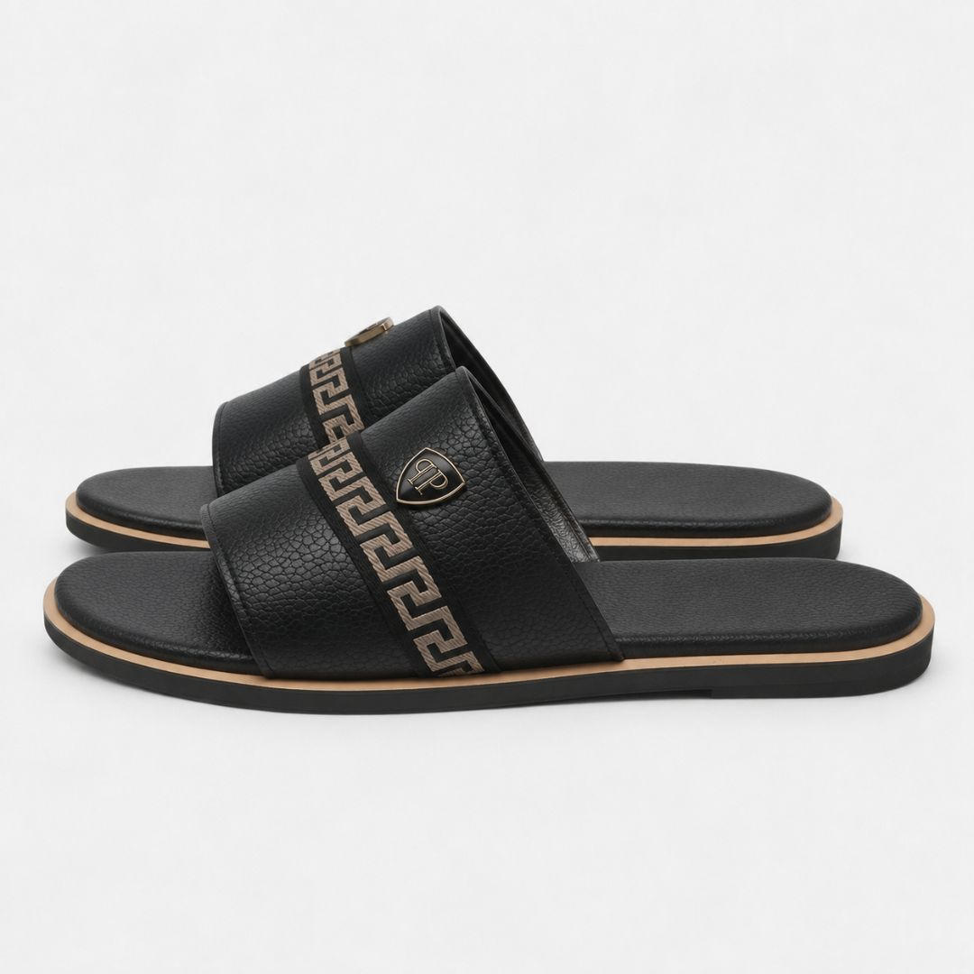 Mens Black Toe Loop Slide Sandals