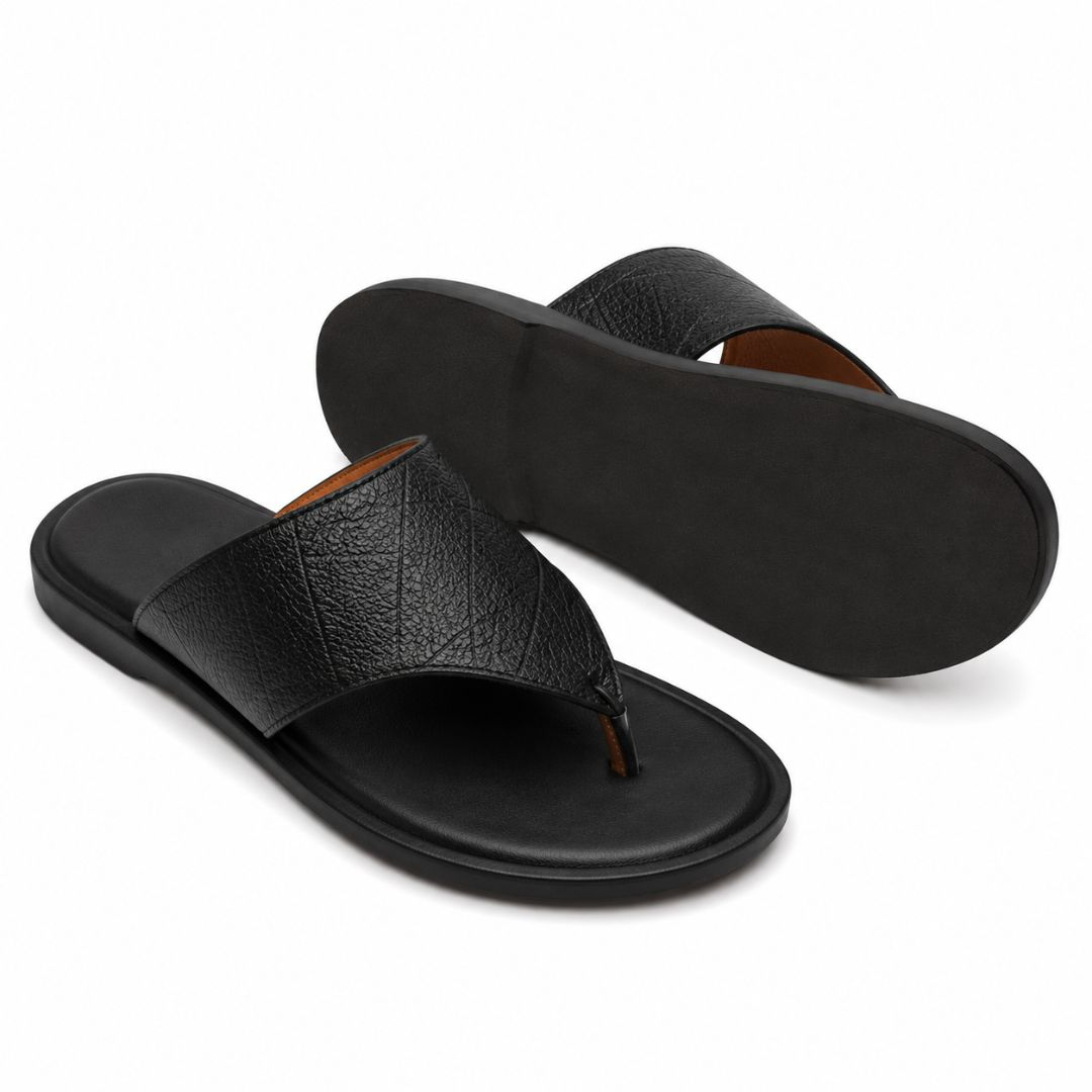 Mens Black Toe Post Leather Slide Sandals