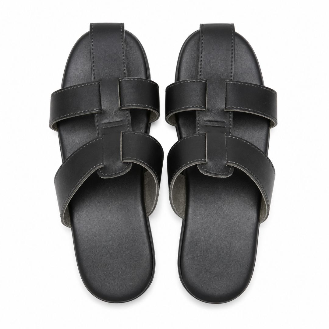 Mens Black Double Strap Open Toe Flat Sandals