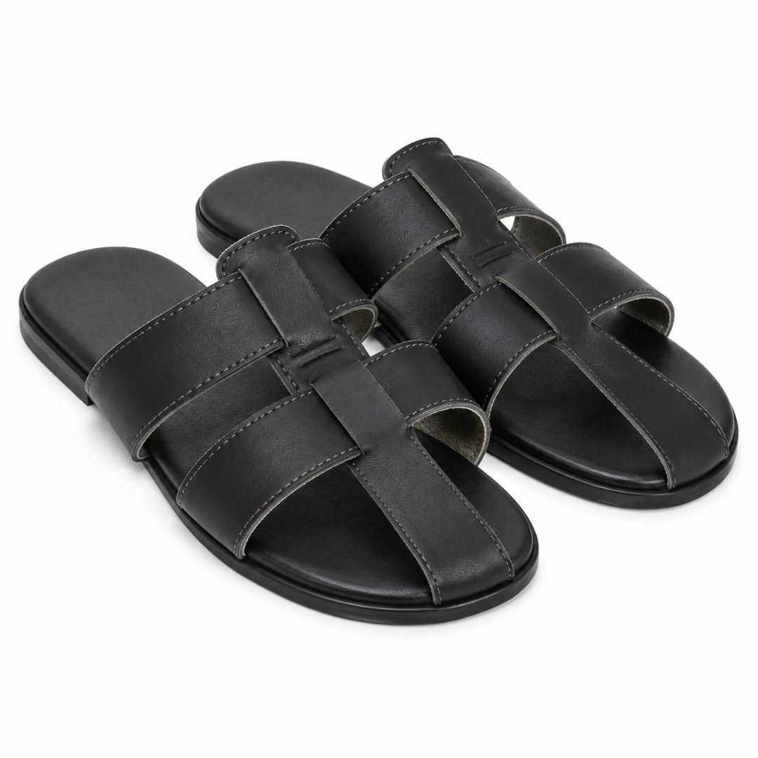 Mens Black Double Strap Open Toe Flat Sandals