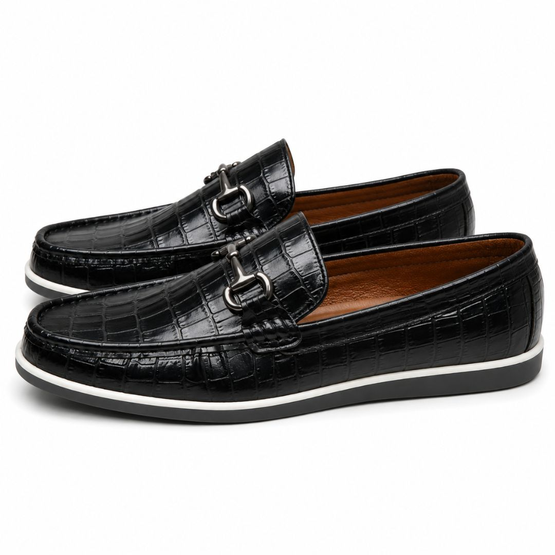 Mens Black Crocodile Texture Bit Loafers