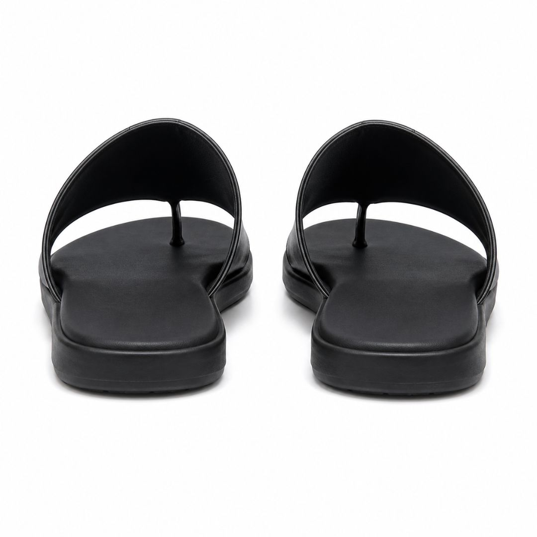 Mens Black Toe Loop Slide Sandals with Metal Logo Accent