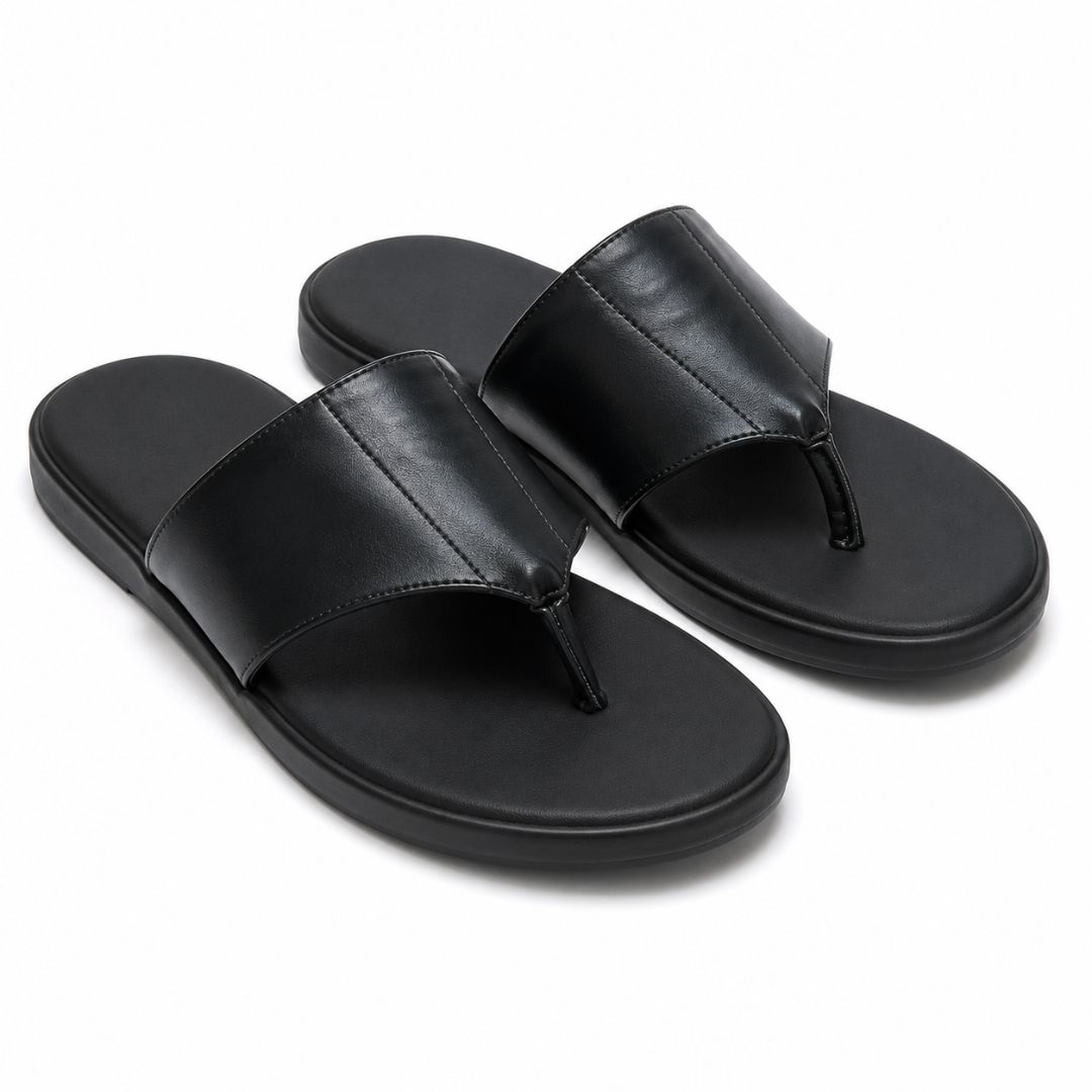 Mens Black Toe Loop Slide Sandals with Metal Logo Accent