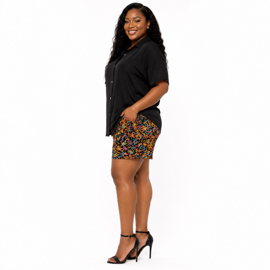 Black Button Up Shirt & Ankara Print Shorts Set Bold Casual Two Piece