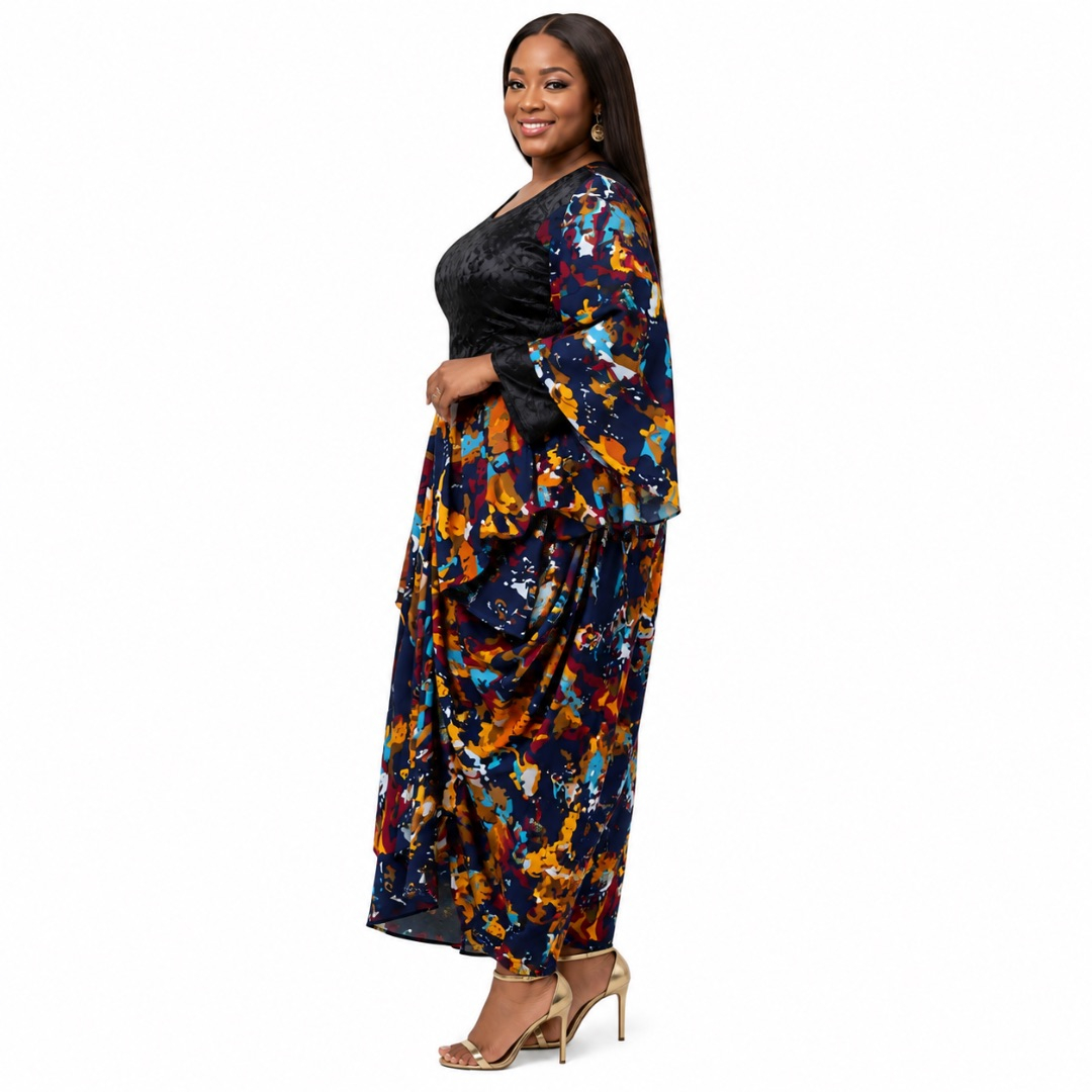 Womens Luxury Abstract Print Maxi Boubou Dress with Gold Monogram Detail