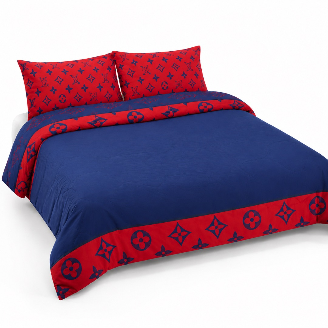 Premium Designer 4by6 Print Duvet Set    Blue and Red Monogram Design